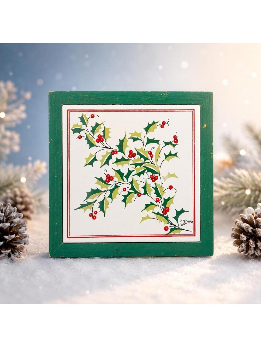 Himark Saltera 1980s Holly Berries Christmas Ceramic Tile Trivet Wall Hanging 7”